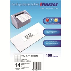 Unistat Laser Copier & Inkjet Labels 98x38mm 14UP 1400 Labels 100 Sheets